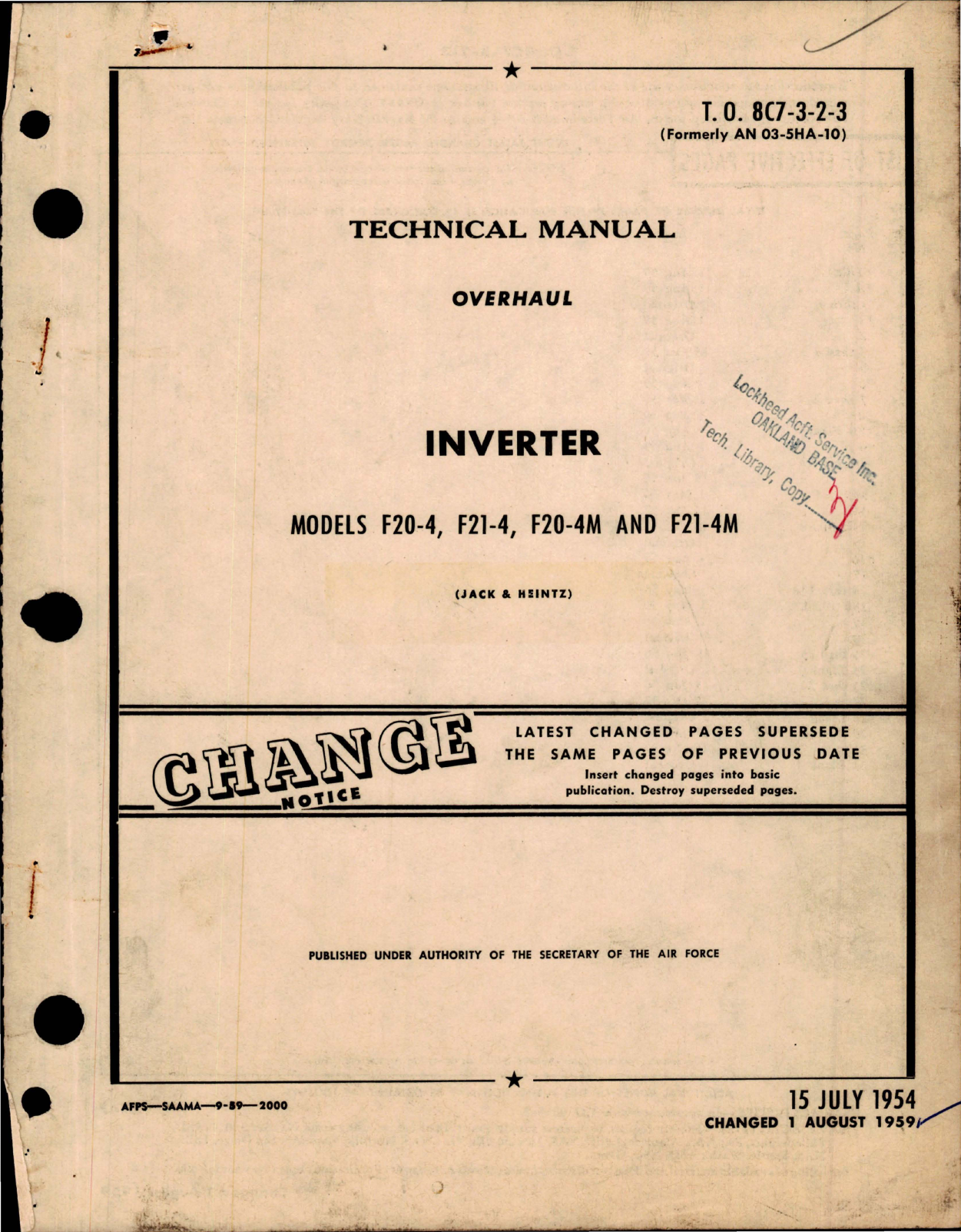 Sample page 1 from AirCorps Library document: Overhaul Manual for Inverter - Model F20-4, F21-4, F20-4M and F21-4M