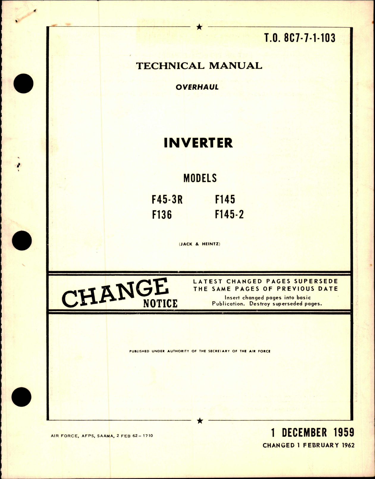 Sample page 1 from AirCorps Library document: Overhaul for Inverter - Models F45-3R, F136, F145, and F145-2 