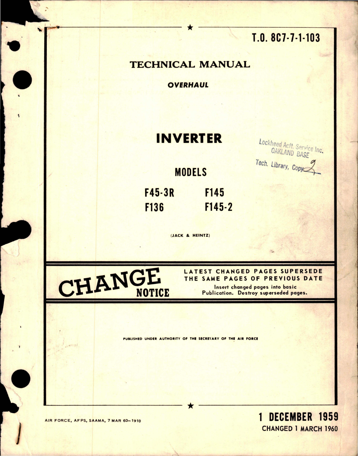 Sample page 1 from AirCorps Library document: Overhaul for Inverter - Models F45-3R, F136, F145, and F145-2 