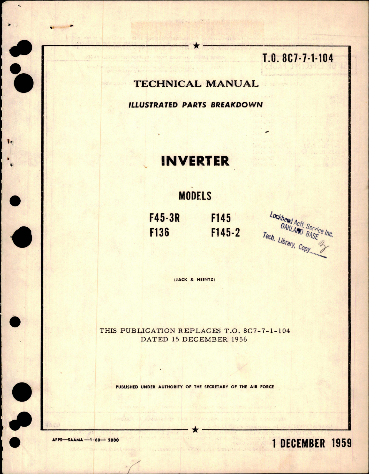 Sample page 1 from AirCorps Library document: Illustrated Parts Breakdown for Inverter - Models F45-3R, F136, F145 and F145-2 