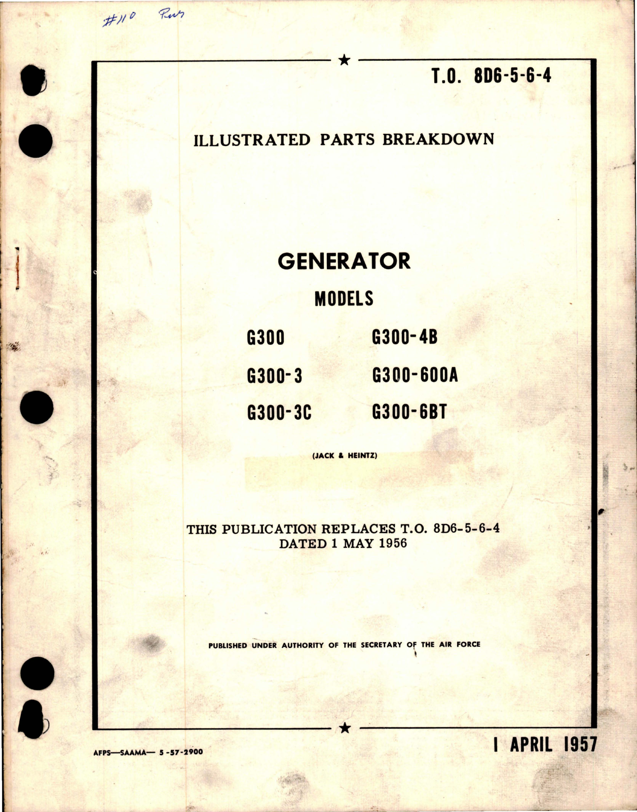 Sample page 1 from AirCorps Library document: Illustrated Parts Breakdown for Generator - Model G300 Series 