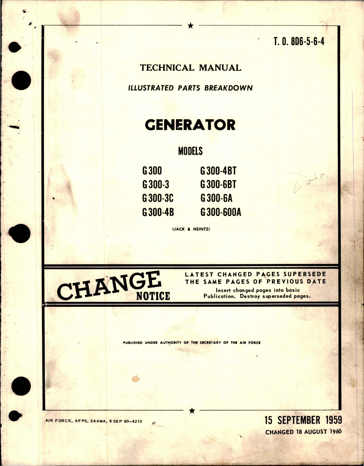 Sample page 1 from AirCorps Library document: Illustrated Parts Breakdown for Generator - Model G300 Series 