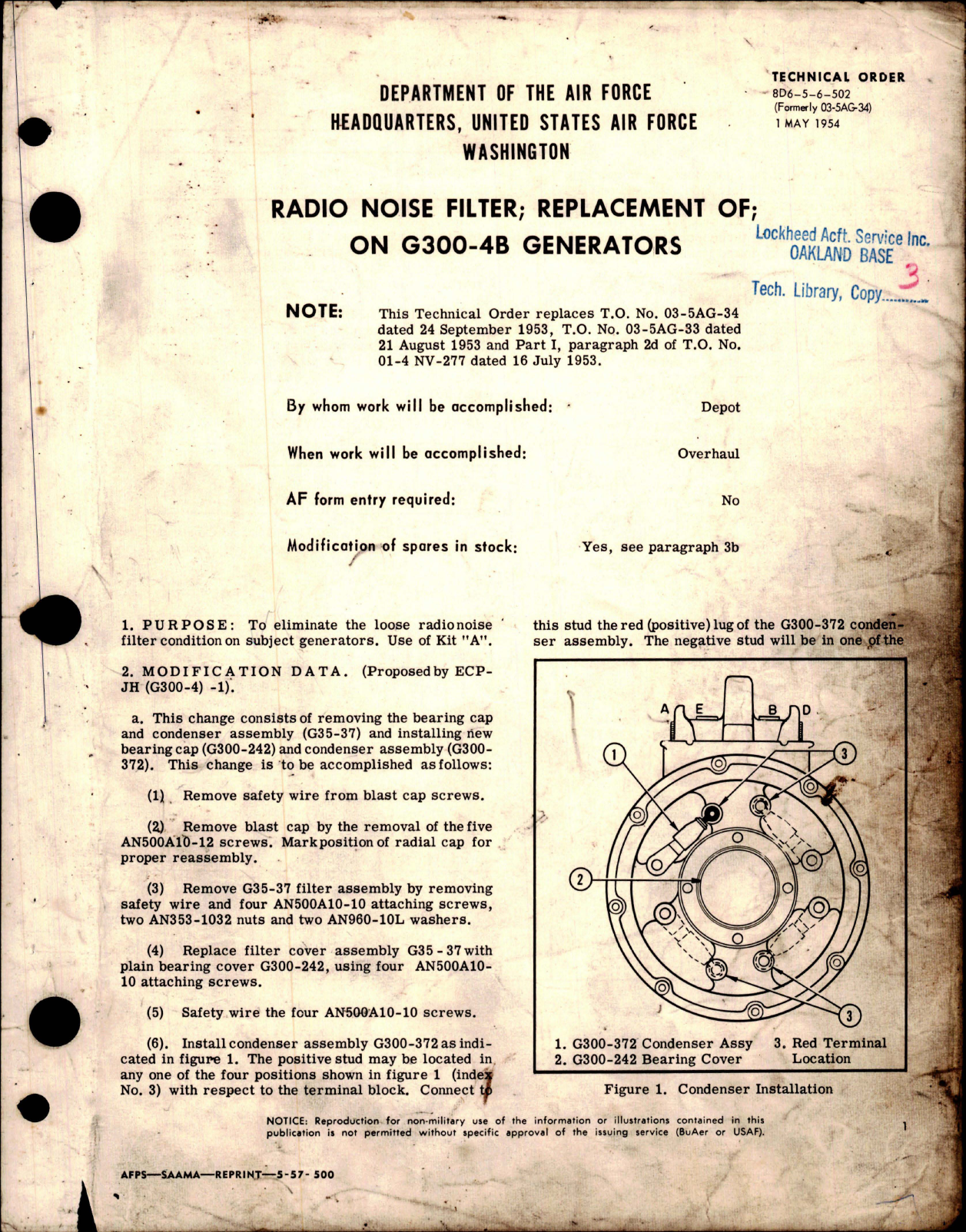 Sample page 1 from AirCorps Library document: Replacement of Radio Noise Filter on G300-4B Generators 