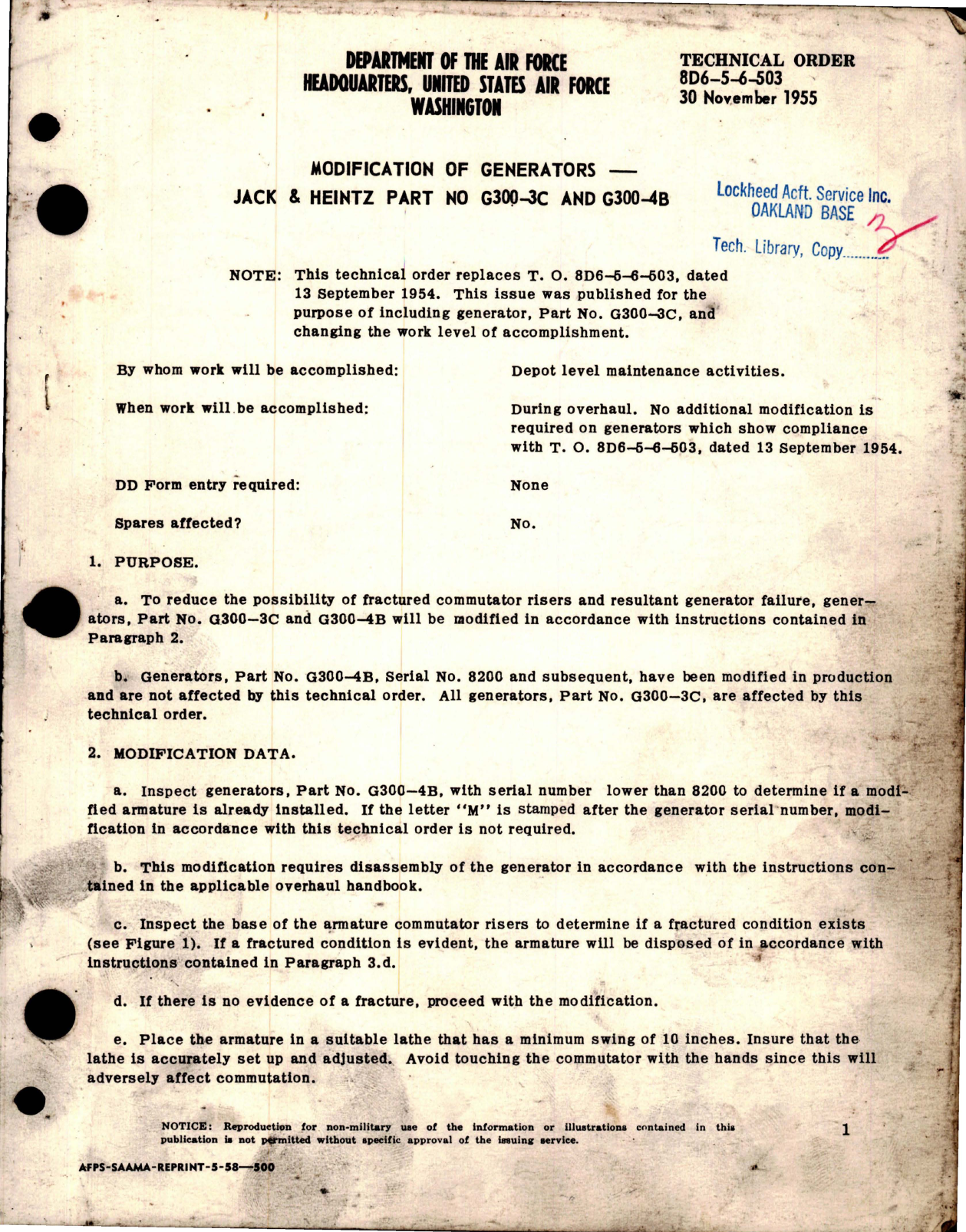 Sample page 1 from AirCorps Library document: Modification of Jack & Heintz Generators - Parts G300-3C and G300-4B