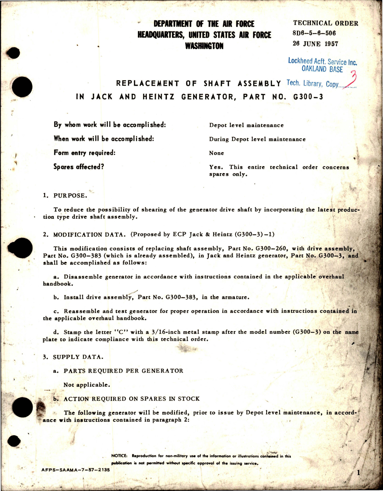 Sample page 1 from AirCorps Library document: Replacement of Shaft Assembly in Jack & Heintz Generator - Part G300-3