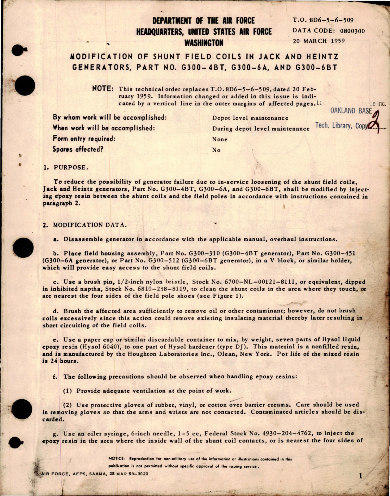 Sample page 1 from AirCorps Library document: Modification of Shunt Field Coils in Jack & Heintz Generators - Part G300-4BT, G300-6A and G300-6BT