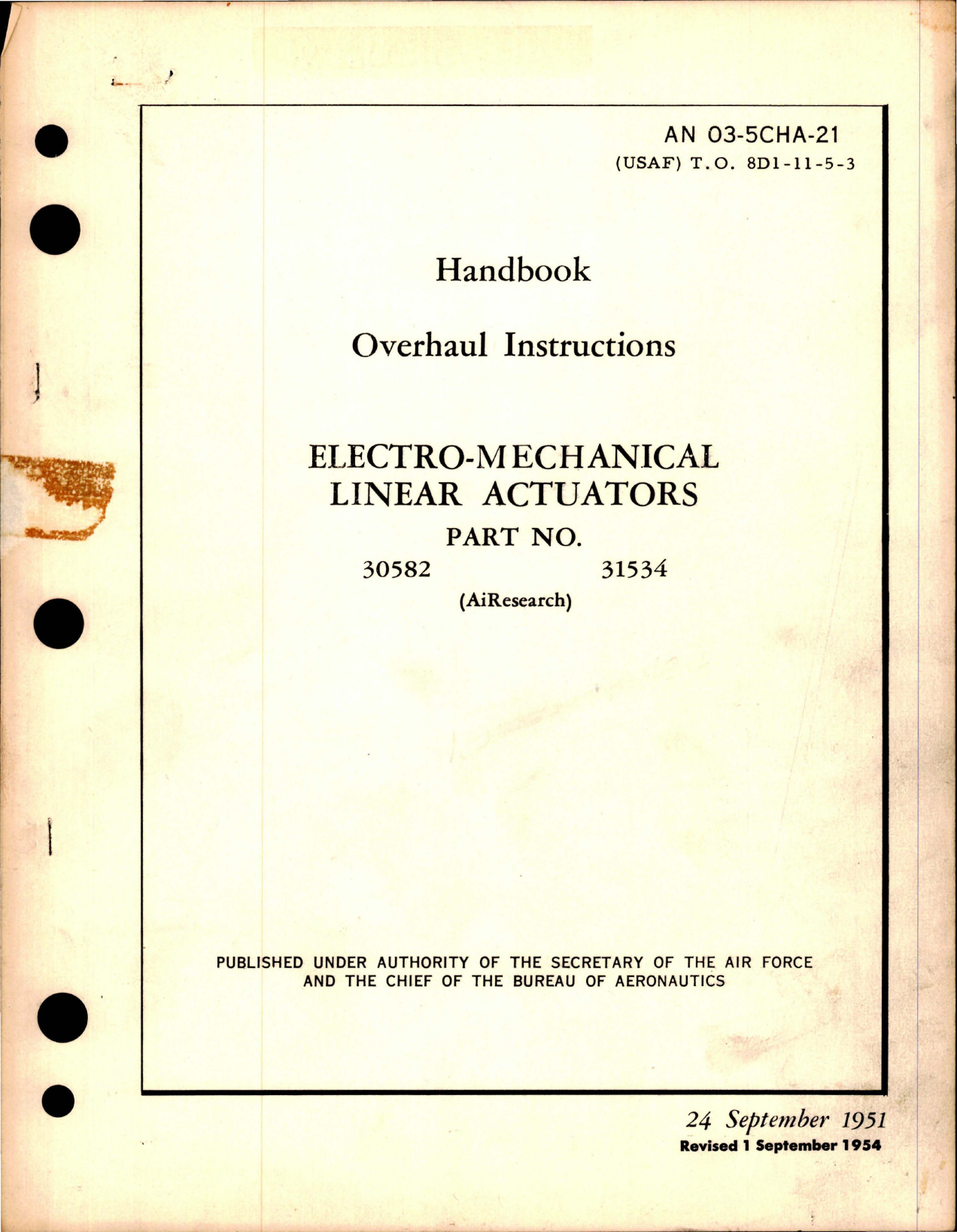 Sample page 1 from AirCorps Library document: Overhaul Instructions for Electromechanical Linear Actuators - Part 30582 and 31534 