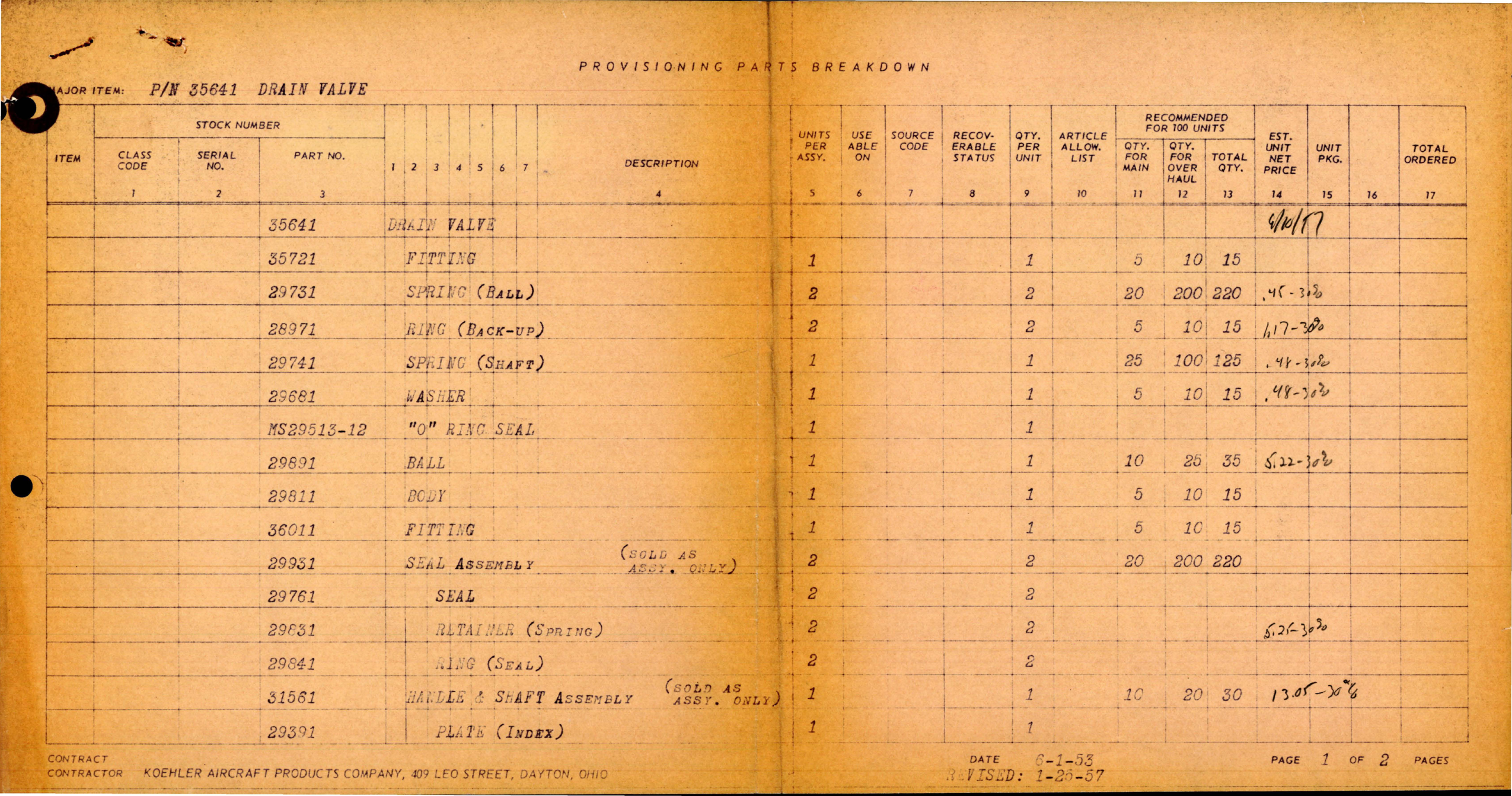 Sample page 1 from AirCorps Library document: Provisioning Parts Breakdown for Drain Valve - Part 35641