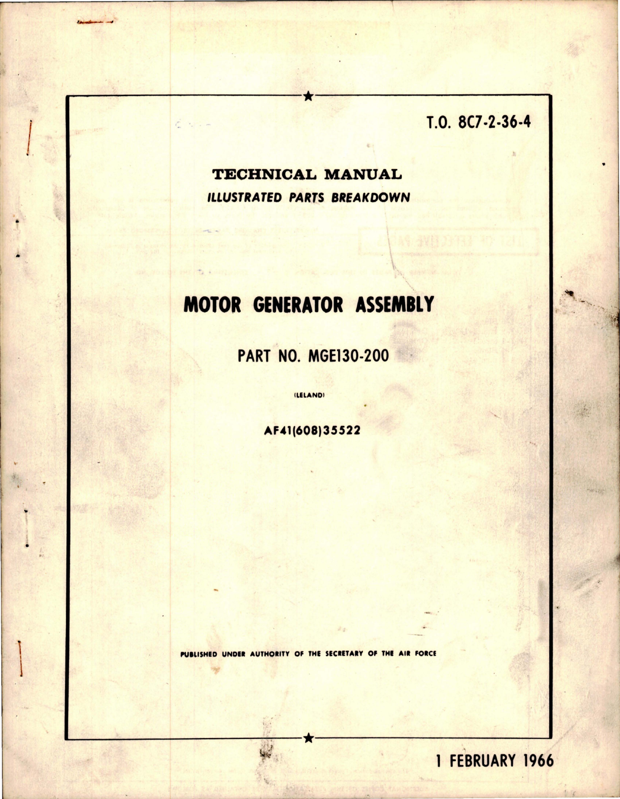 Sample page 1 from AirCorps Library document: Illustrated Parts Breakdown for Motor Generator Assembly - Part MGE130-200 