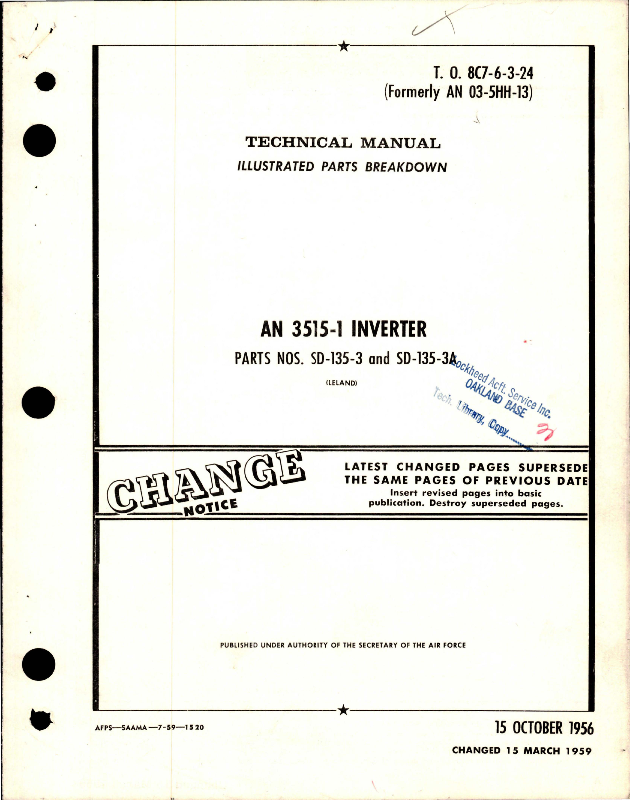 Sample page 1 from AirCorps Library document: Illustrated Parts Breakdown for AN 3515-1 Inverter - Parts SD-135-3 and SD-135-3A 