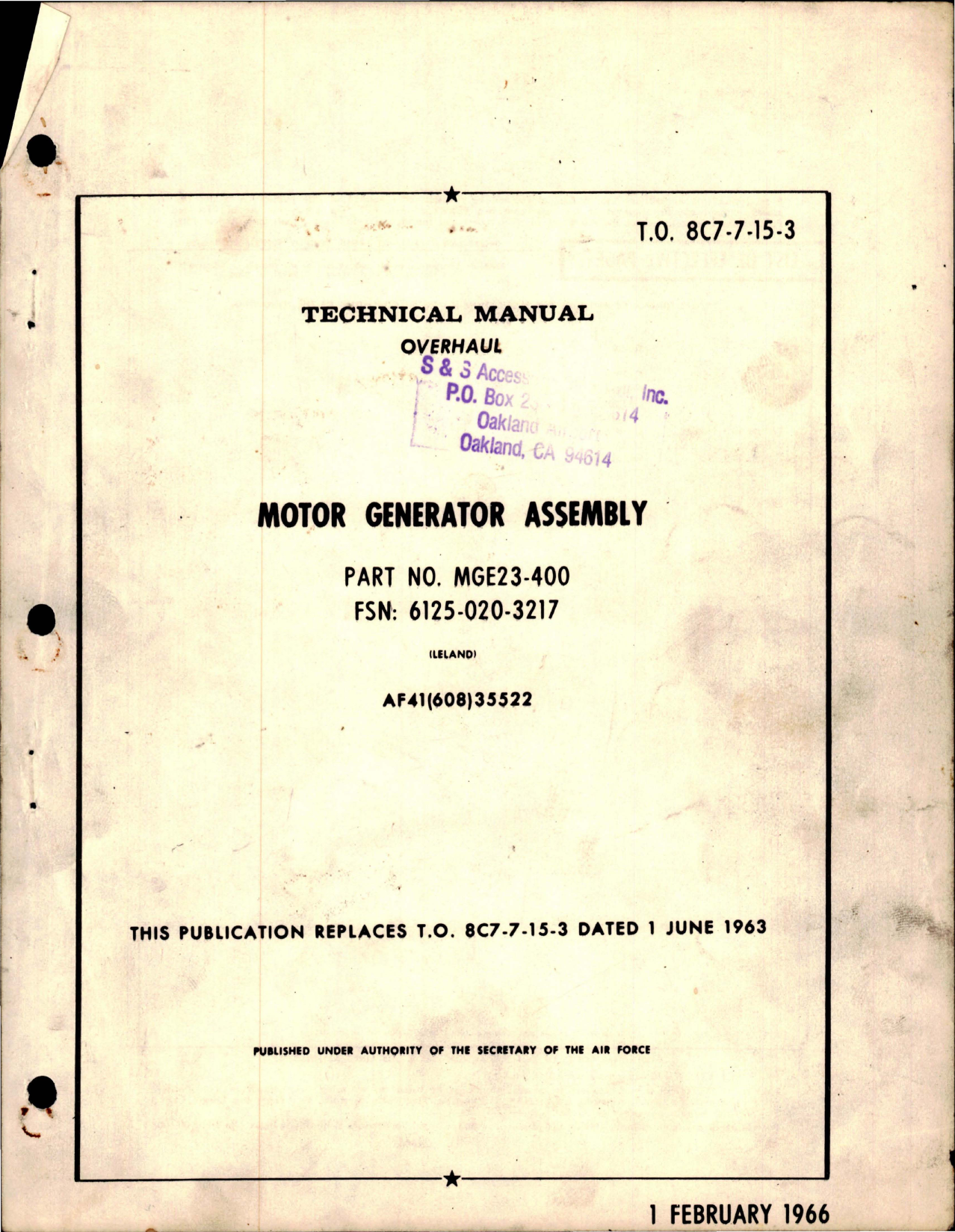 Sample page 1 from AirCorps Library document: Overhaul Manual for Motor Generator Assembly - Part MGE23-400 - FSN 6125-020-3217