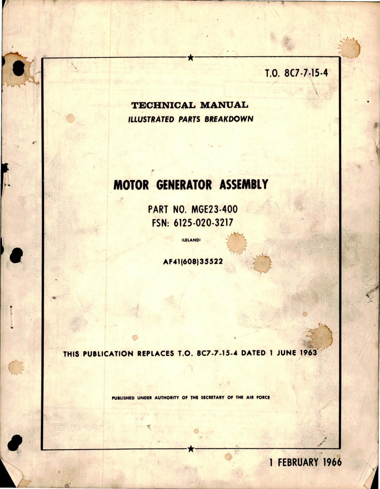 Sample page 1 from AirCorps Library document: Illustrated Parts Breakdown for Motor Generator Assdembly - Part MGE23-400 - FSN 6125-020-3217