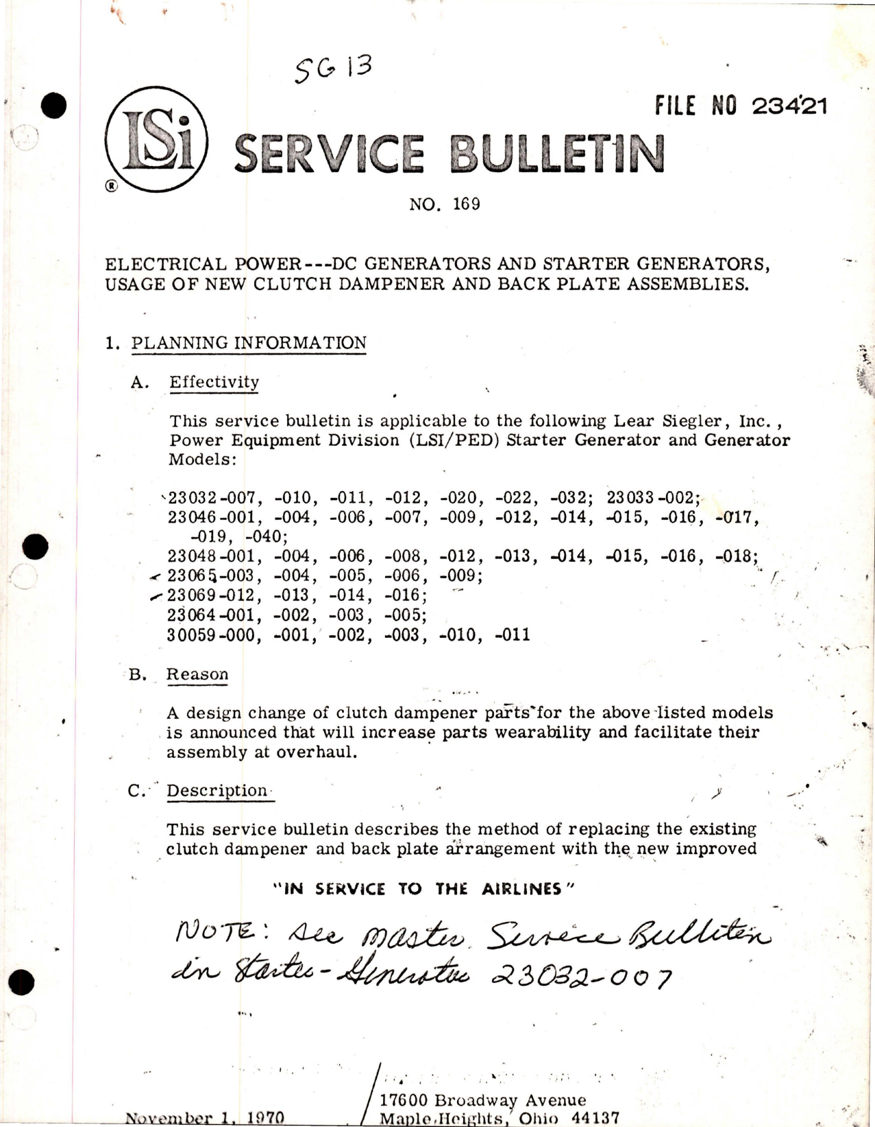 Sample page 1 from AirCorps Library document: Service Bulletin No. 169, Electrical Power DC Generators and Starter Generators 