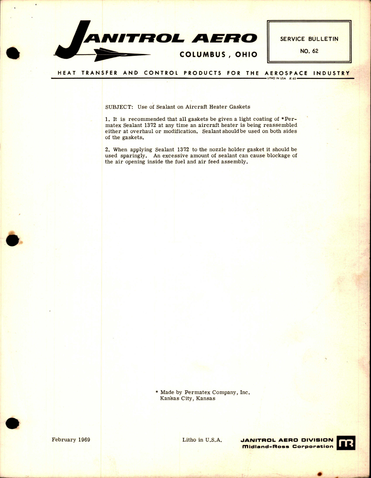 Sample page 1 from AirCorps Library document: Use of Sealant on Aircraft Heater Gaskets