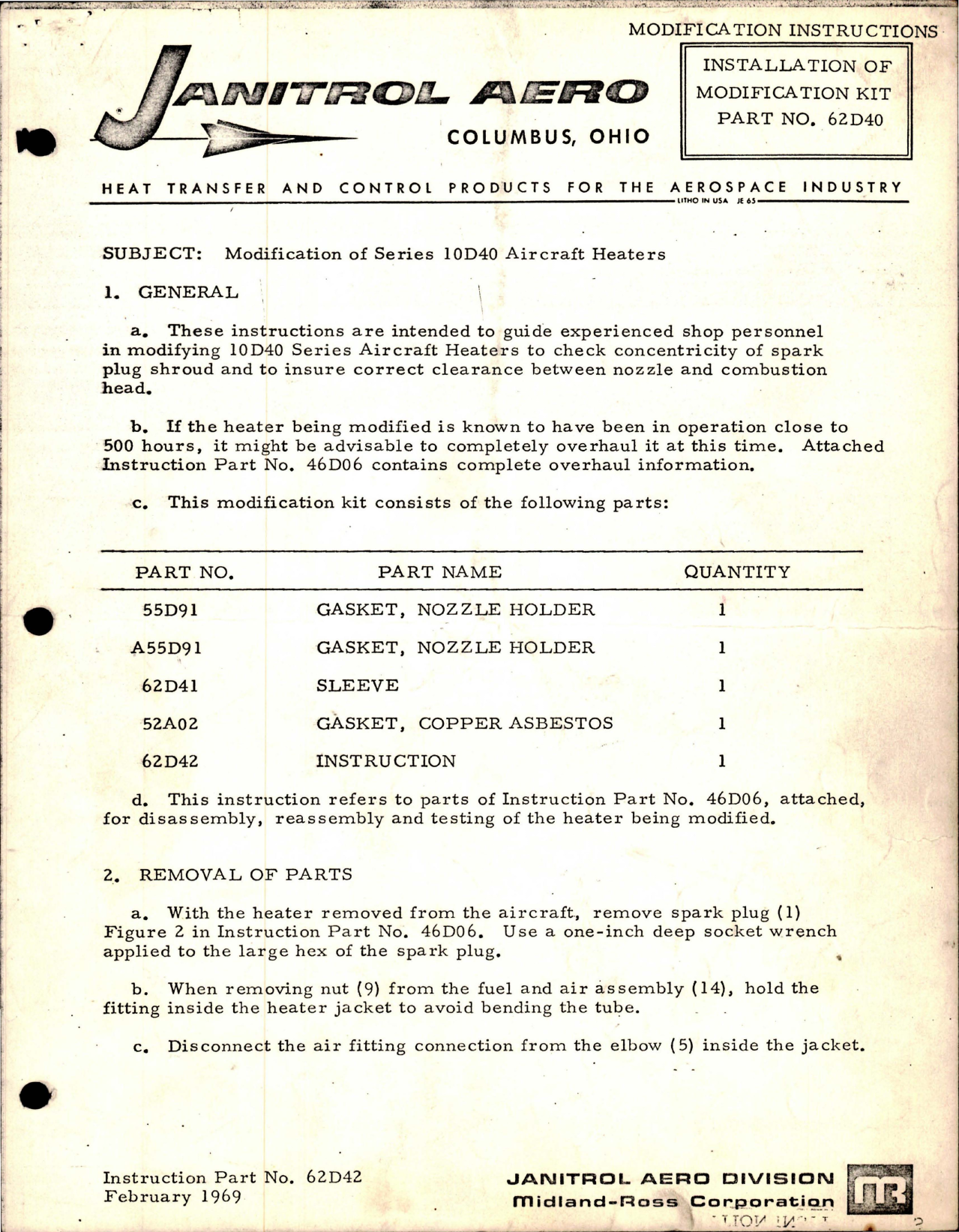 Sample page 1 from AirCorps Library document: Modification Instructions for Installation of Modification Kit -  Part 62D42