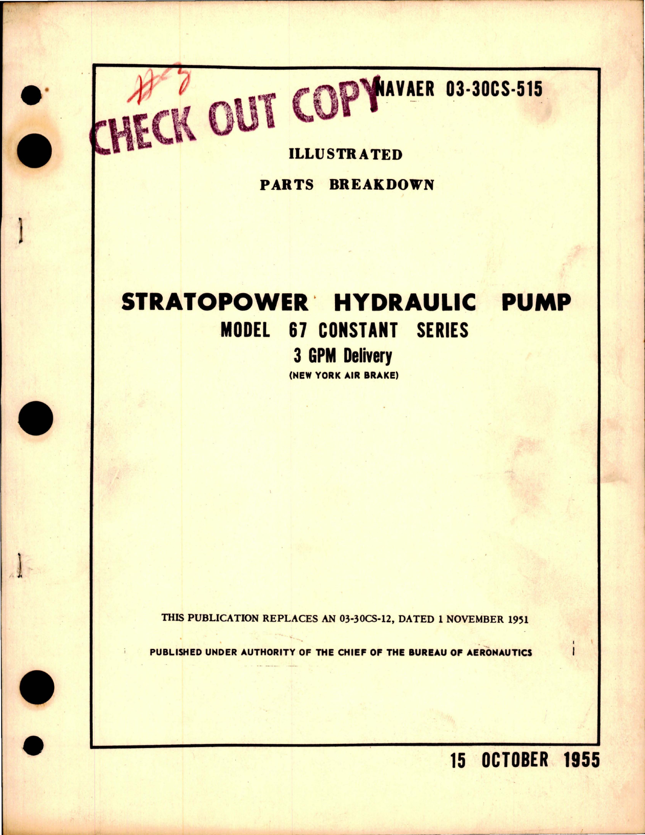 Sample page 1 from AirCorps Library document: Parts Breakdown for Stratopower Hydraulic Pump - Model 67 Constant Series 