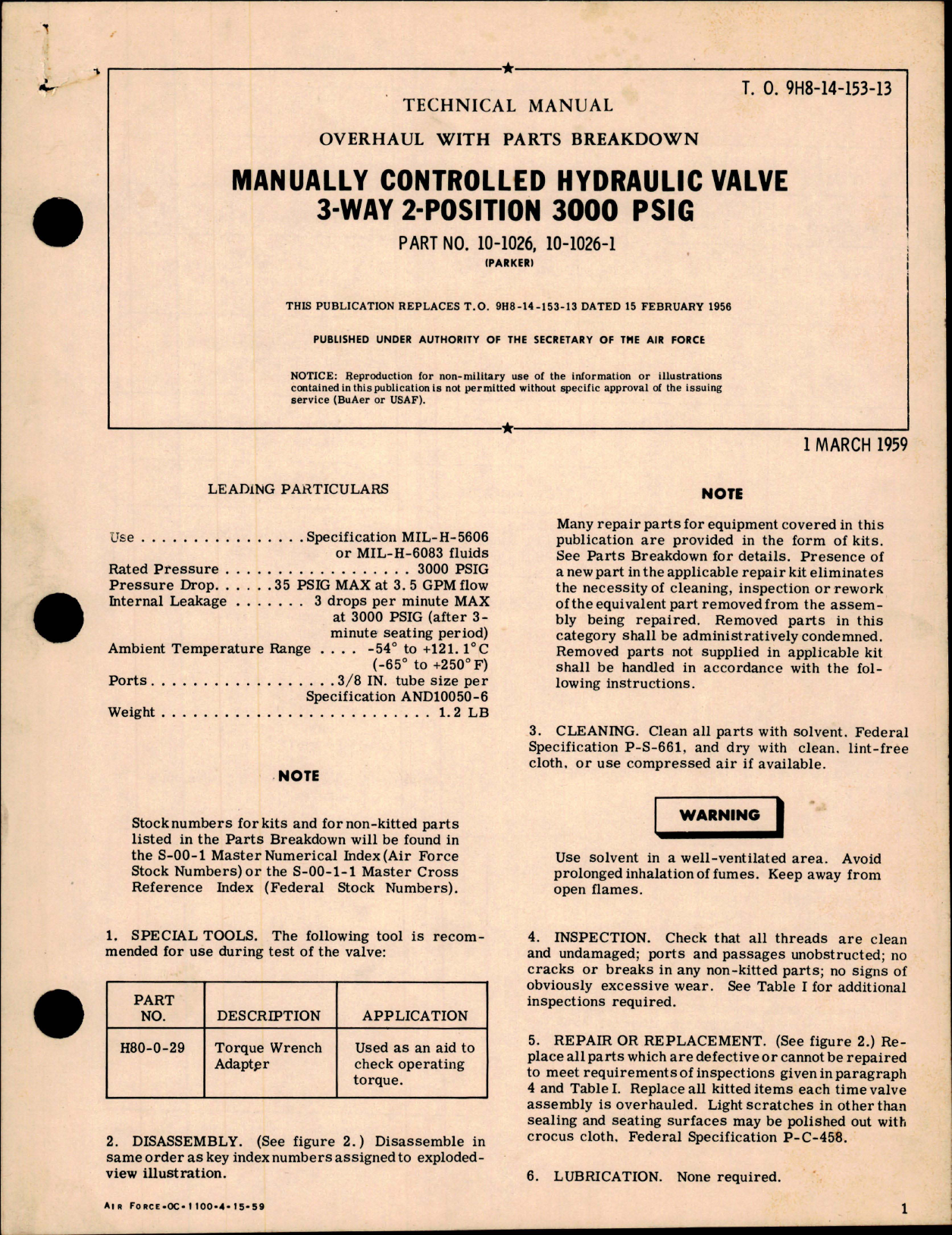 Sample page 1 from AirCorps Library document: Overhaul with Parts for Manually Controlled Hydraulic Valve 3-Way 2 Position 300 PSIG 