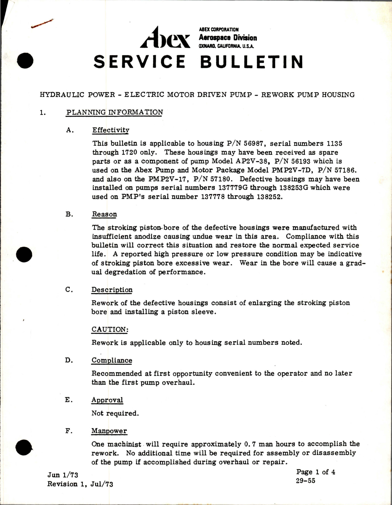 Sample page 1 from AirCorps Library document: Abex Hydraulic Power - Electric Motor Driven Pump - Rework Pump Housing - Revision 1 - Part 56987