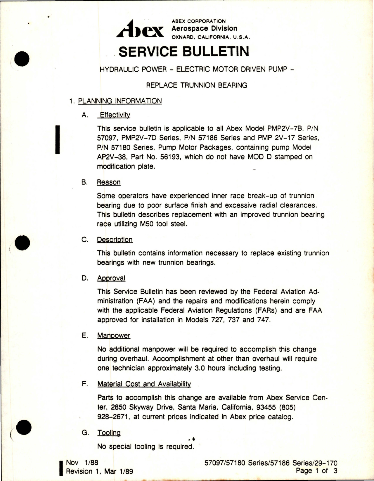 Sample page 1 from AirCorps Library document: Abex Hydraulic Power Electric Motor Driven Pump - Replace Trunnion Bearing - Revision 1