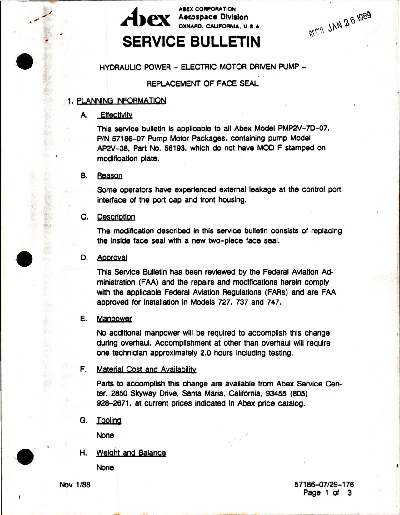 Sample page 1 from AirCorps Library document: Abex Hydraulic Power Electric Motor Driven Pump - Replacement of Face Seal