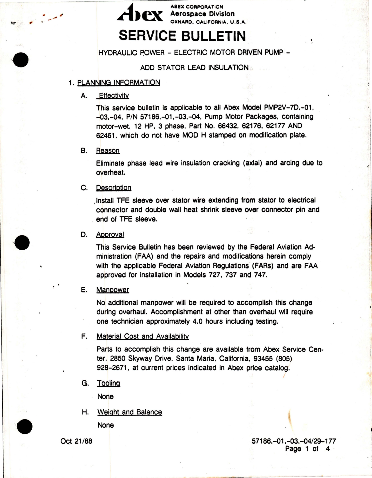 Sample page 1 from AirCorps Library document: Abex Hydraulic Power Electric Motor Driven Pump - Add Stator Lead Installation