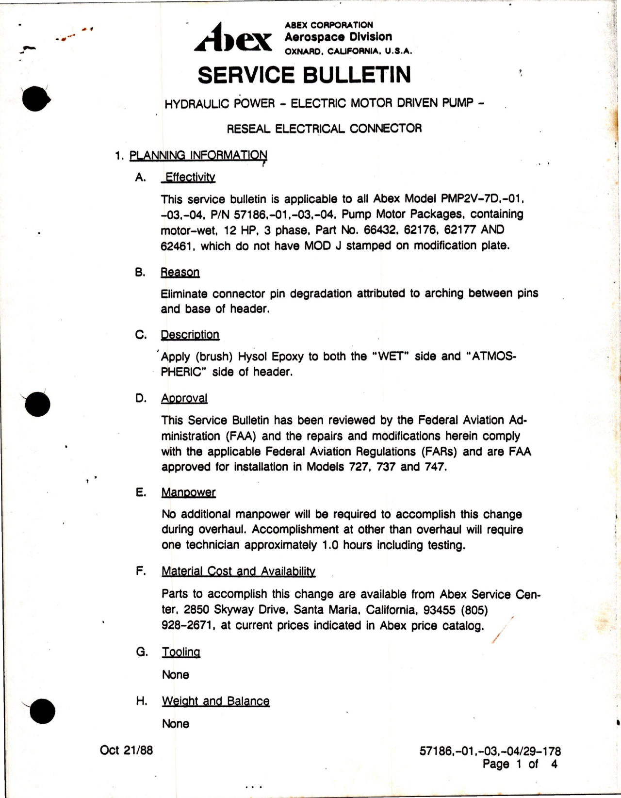 Sample page 1 from AirCorps Library document: Abex Hydraulic Power Elect Motor Driven Pump - Reseal Electrical Connector