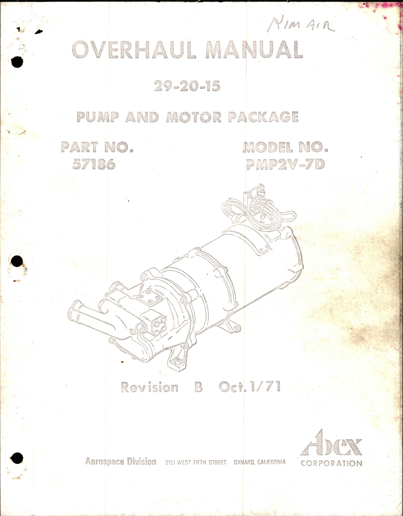 Sample page 1 from AirCorps Library document: Overhaul Manual for Pump and Motor Package - Part 57186 - Model PMP2V-7D 