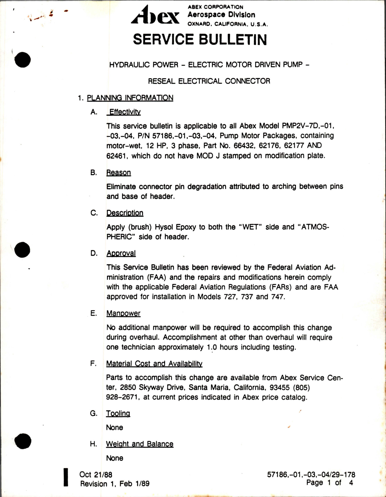 Sample page 1 from AirCorps Library document: Abex Hydraulic Power Electric Motor Driven Pump - Reseal Electrical Connector -  Revision 1