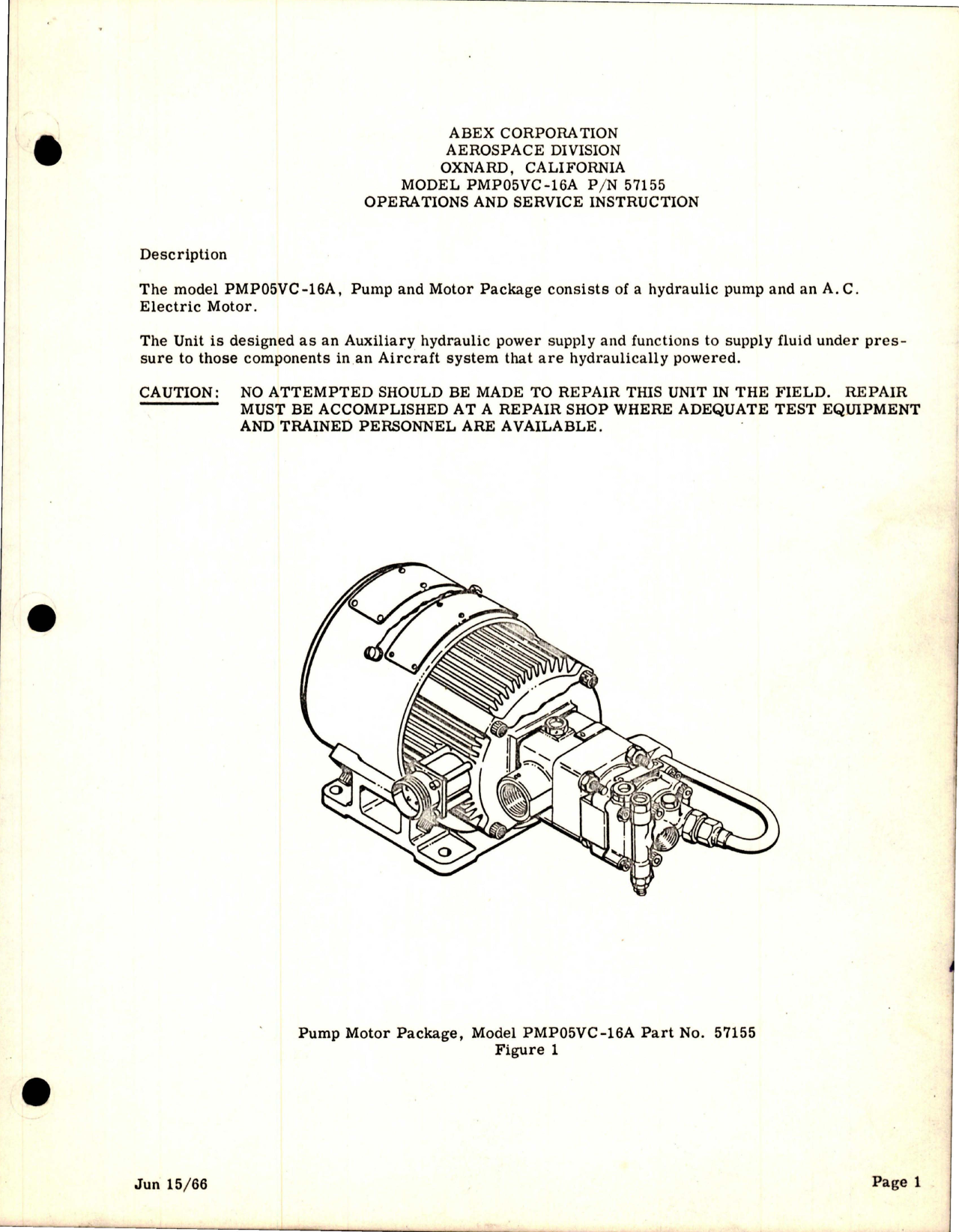 Sample page 1 from AirCorps Library document: Operation and Service Instructions for Pump Motor Package - Part 57155 - Model PMP05VC-16A 