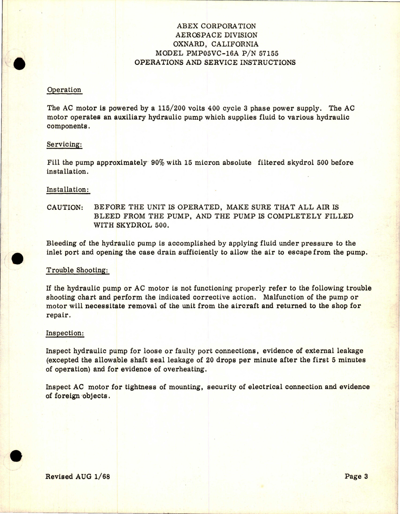 Sample page 5 from AirCorps Library document: Operation and Service Instructions for Pump Motor Package - Part 57155 - Model PMP05VC-16A 