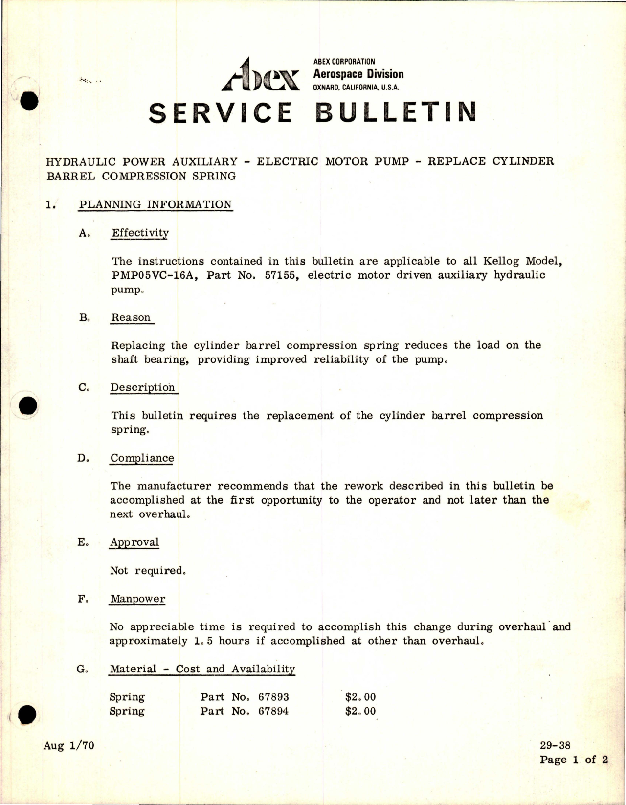 Sample page 1 from AirCorps Library document: Abex Hydraulic Power Auxiliary - Electric Motor Pump - Replace Cylinder Barrel Compression Spring