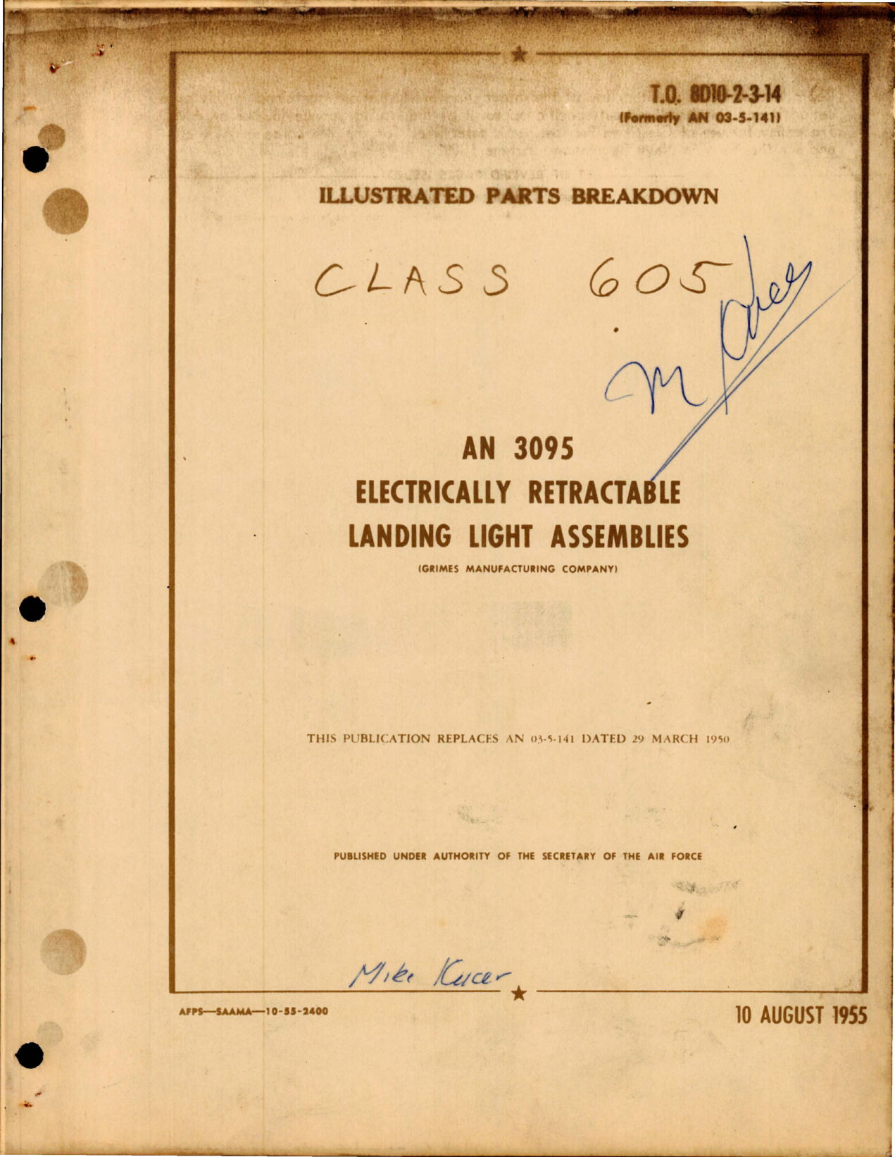 Sample page 1 from AirCorps Library document: Illustrated Parts Breakdown for Electrically Retractable Landing Light Assemblies - AN 3095 