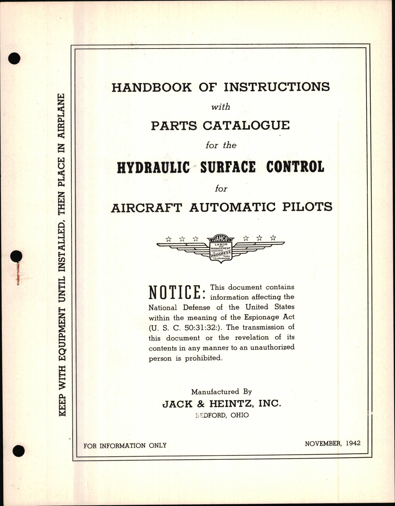 Sample page 1 from AirCorps Library document: Handbook of Instructions with Parts Catalogue for the Hydraulic Surface Control for Aircraft Automatic Pilots