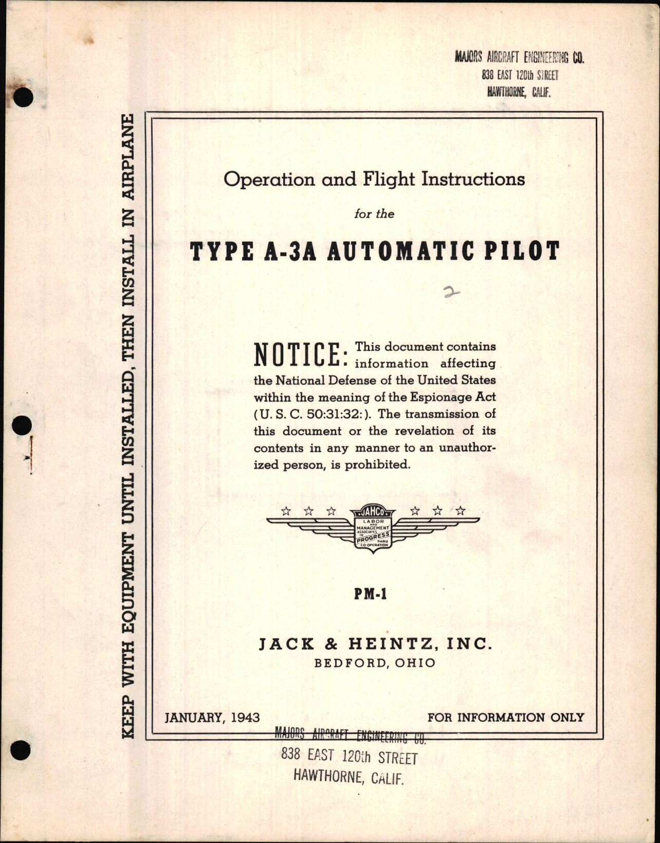 Sample page 1 from AirCorps Library document: Operation and Flight Instructions for the Type A-3A Automatic Pilot