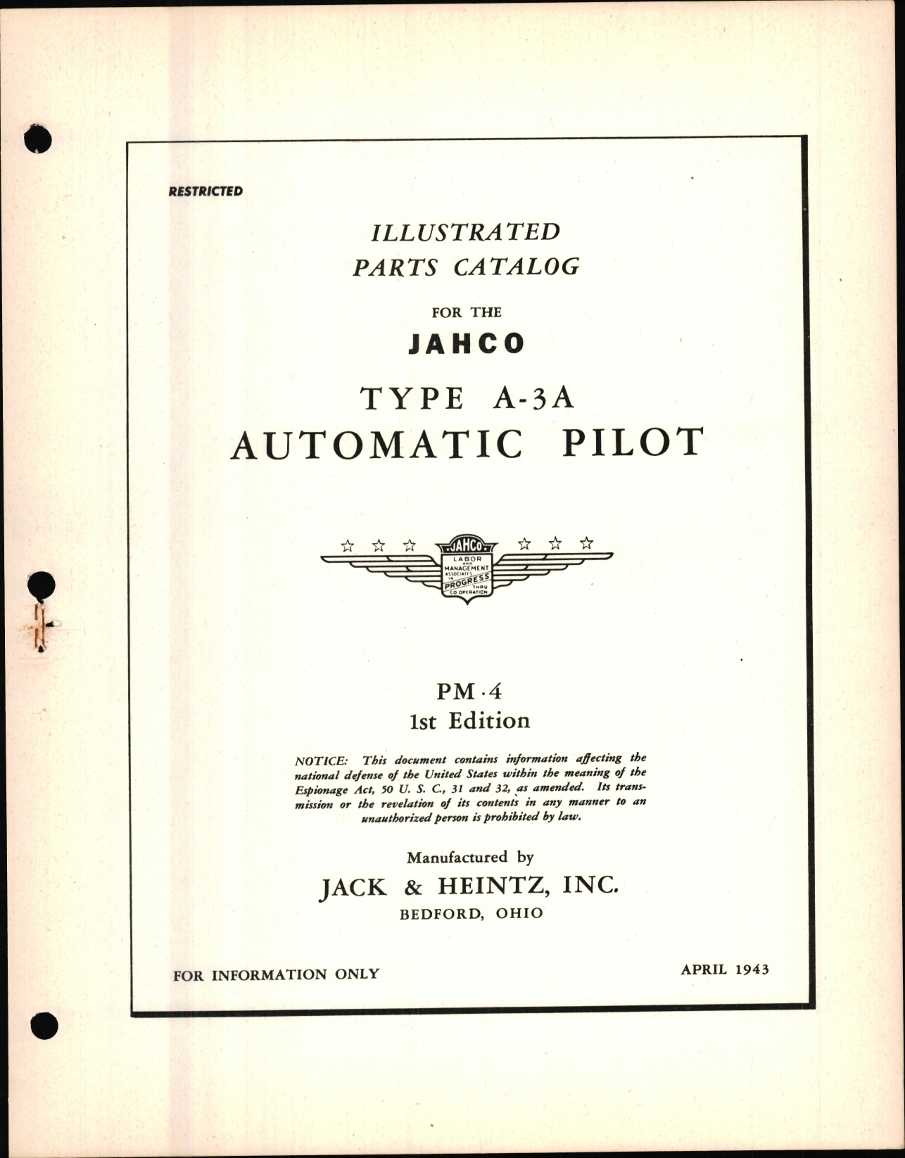 Sample page 1 from AirCorps Library document: Illustrated Parts Catalog for the Type A-3A Automatic Pilot