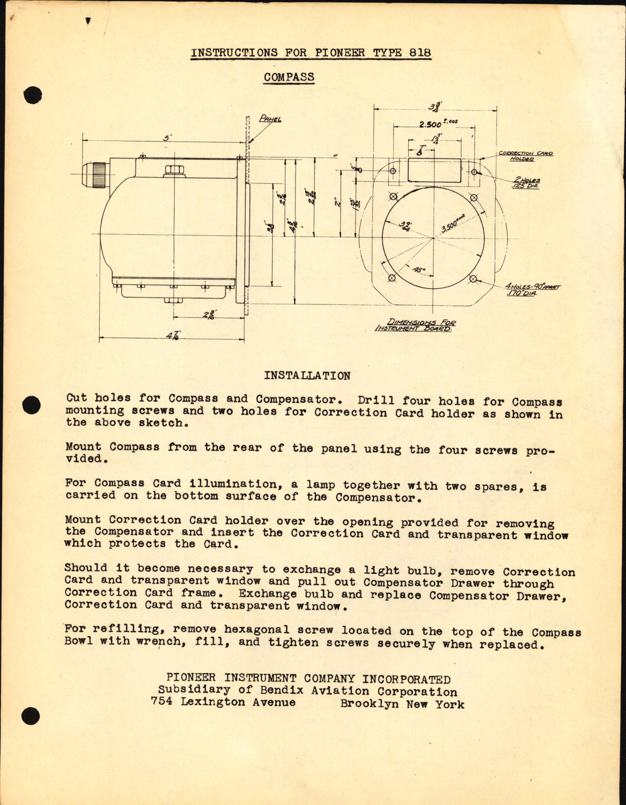 Sample page 1 from AirCorps Library document: Instructions for Installation of Pioneer Type 818 Compass