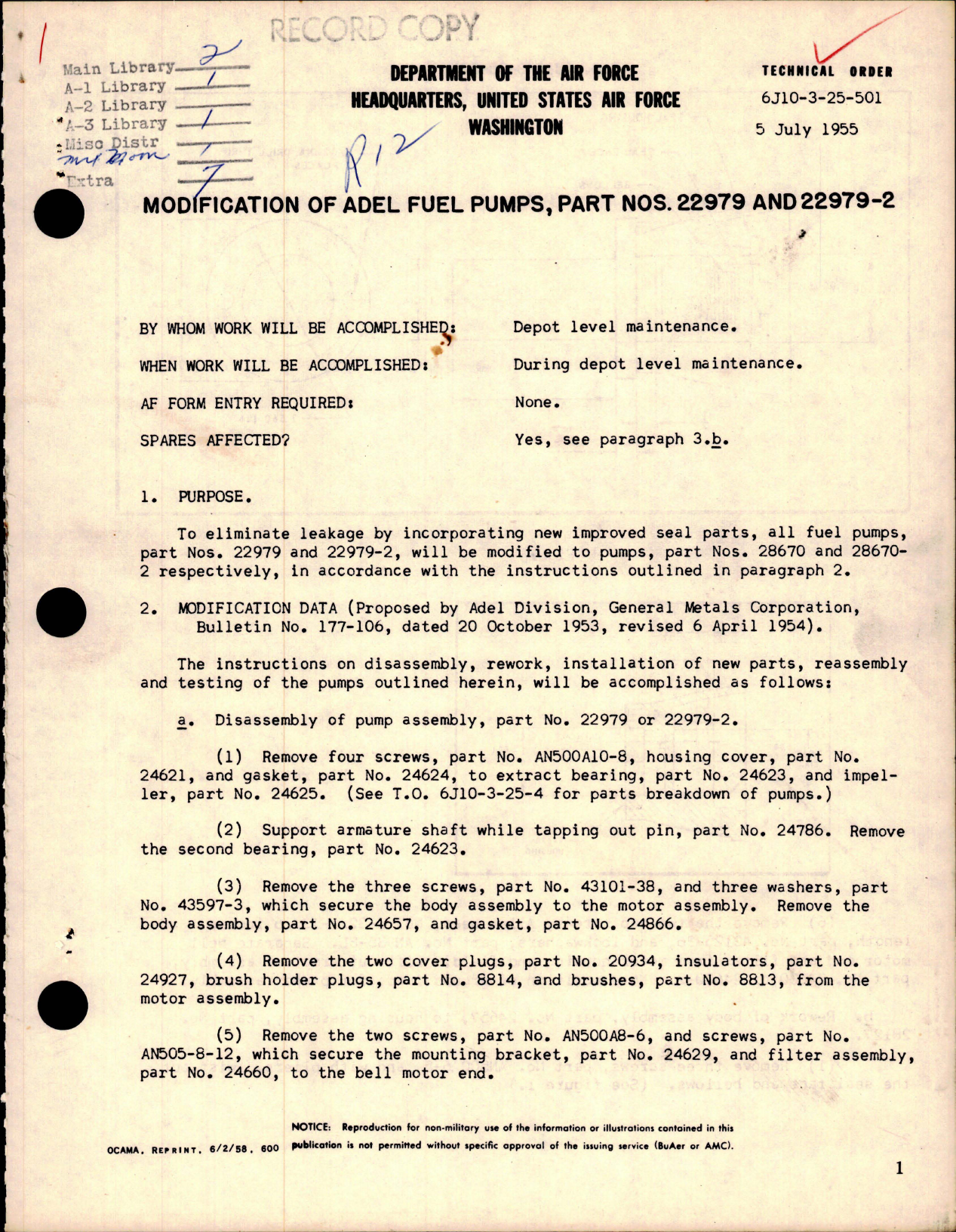 Sample page 1 from AirCorps Library document: Modification of Adel Fuel Pumps - Parts 22979 and 22979-2