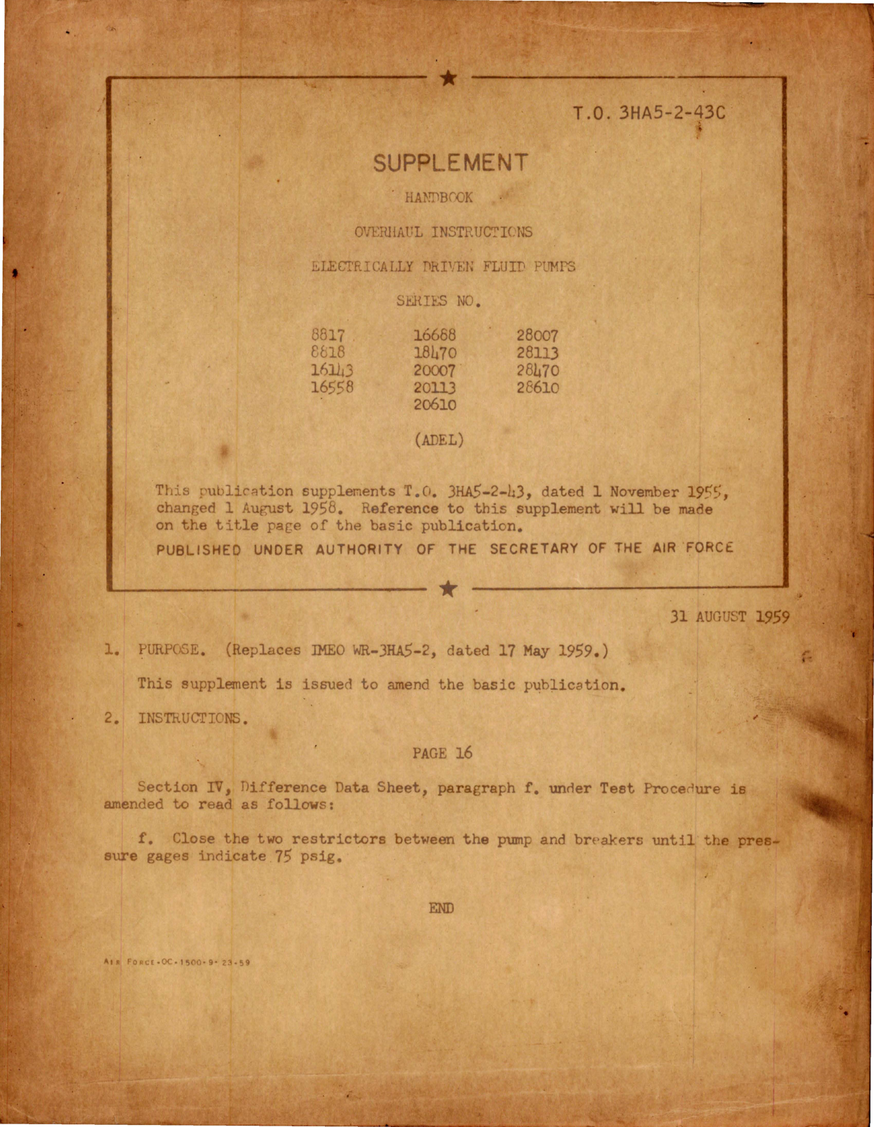 Sample page 1 from AirCorps Library document: Supplement to Overhaul Instructions for Electrically Driven Fluid Pumps 