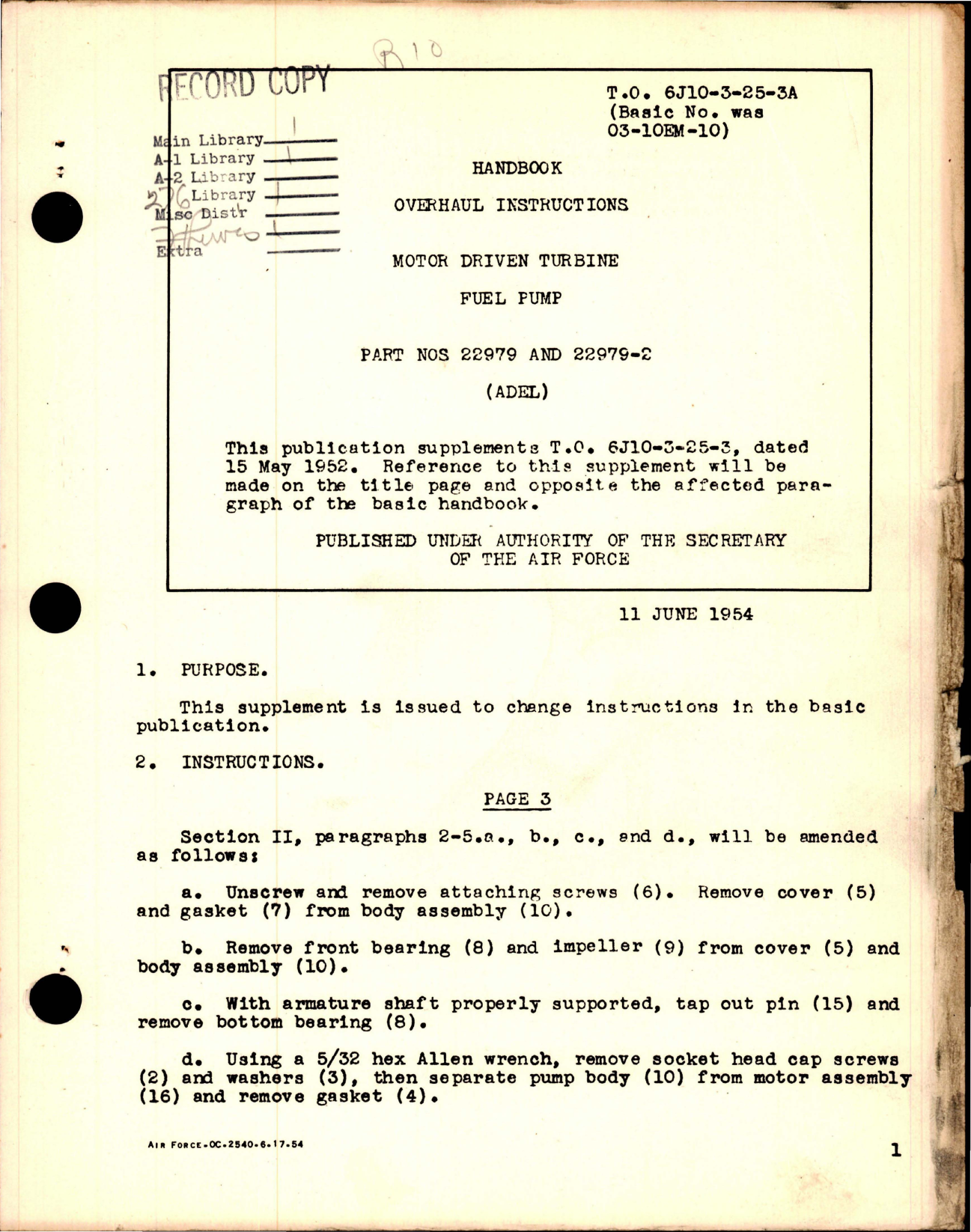 Sample page 1 from AirCorps Library document: Supplement to Overhaul Instructions for Motor Driven Turbine Fuel Pump - Part 22979 and 22979-2