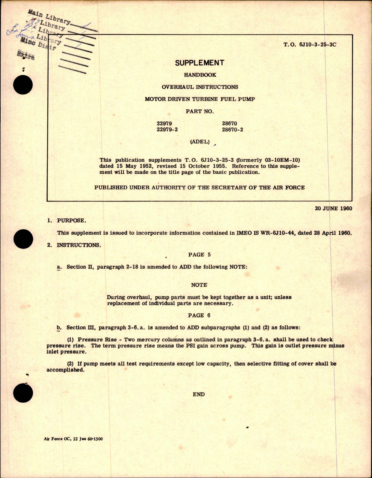 Sample page 1 from AirCorps Library document: Supplement to Overhaul Instructions for Motor Driven Turbine Fuel Pump 