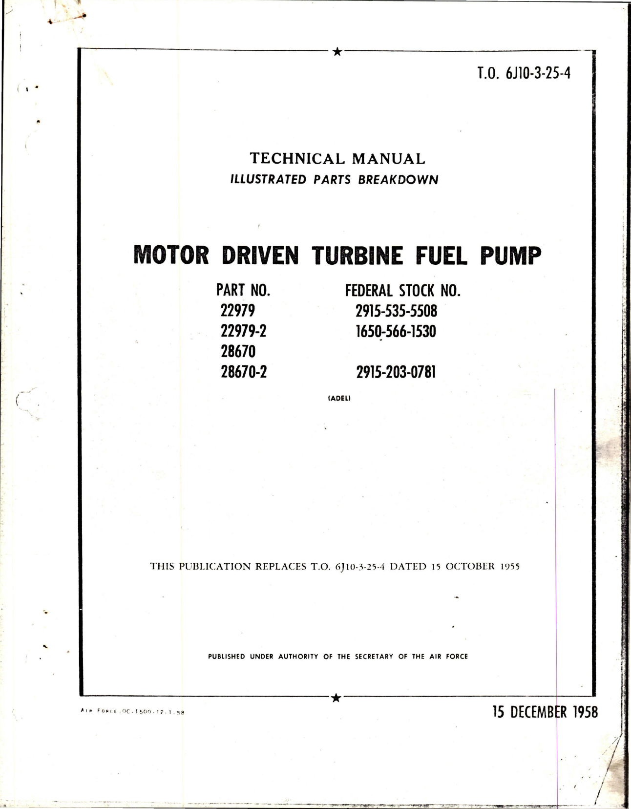 Sample page 1 from AirCorps Library document: Illustrated Parts Breakdown for Motor Driven Turbine Fuel Pump