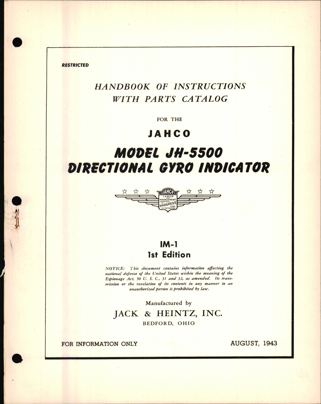 Sample page 1 from AirCorps Library document: Handbook of Instructions with Parts Catalog for the Model JH-5500 Directional Gyro Indicator