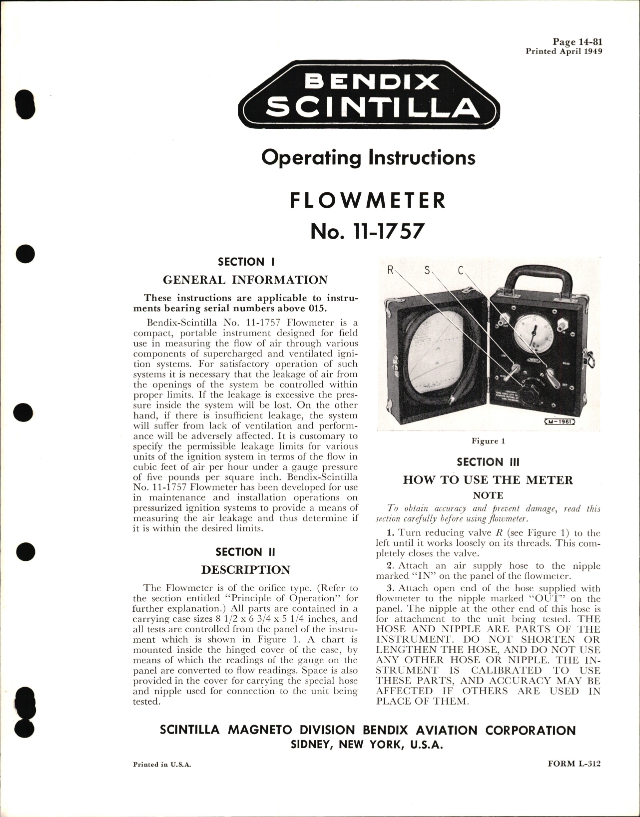 Sample page 1 from AirCorps Library document: Operating Instructions for Flowmeter No. 11-1757