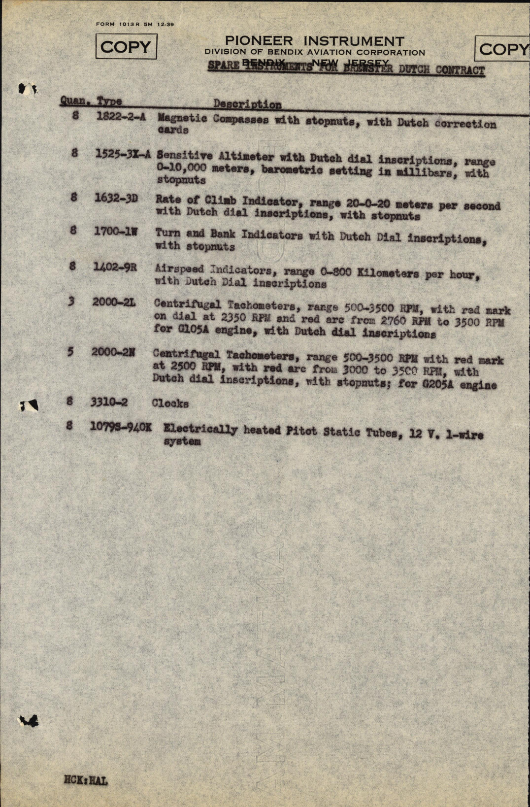 Sample page 1 from AirCorps Library document: Spare Instruments for Brewster Dutch Contract