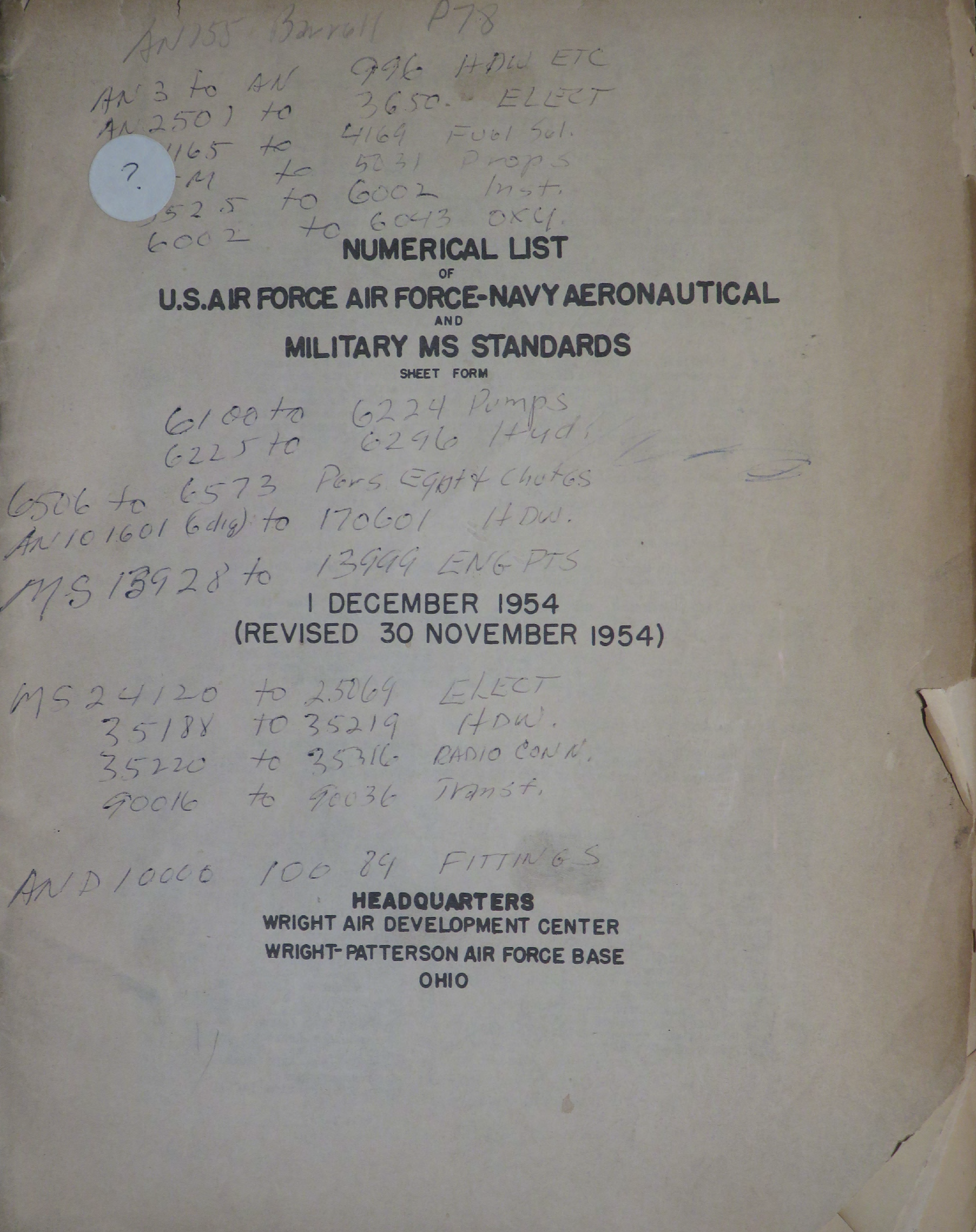 Sample page 1 from AirCorps Library document: Numerical List of U.S. Air Force - Navy Aeronautical and Military MS Standards