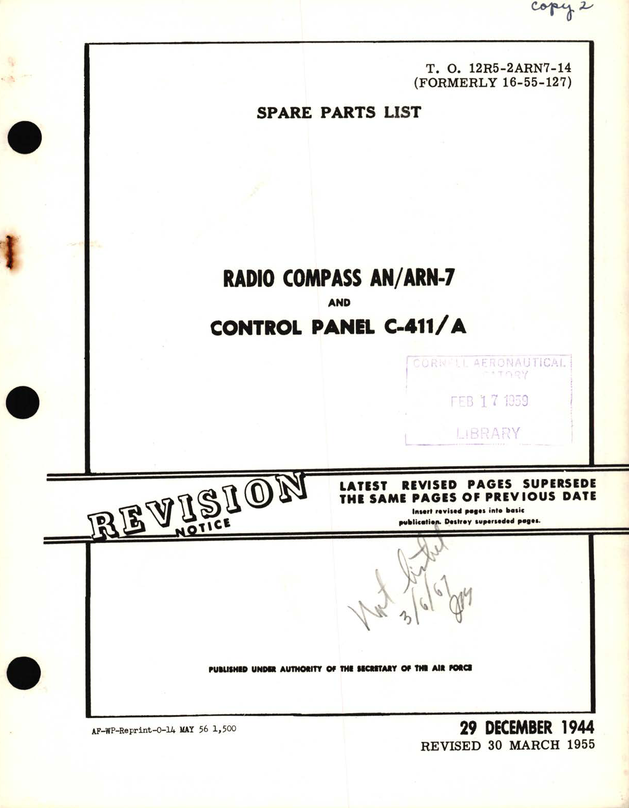 Sample page 1 from AirCorps Library document: Spare Parts List for Radio Compass AN/ARN-7 and Control Panel C-411 A