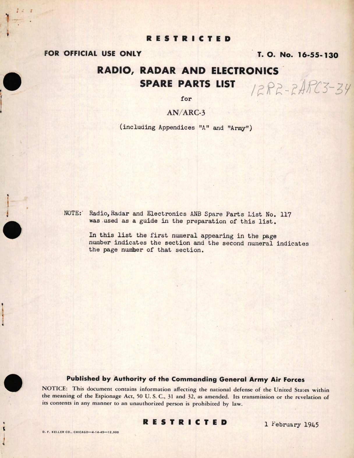 Sample page 1 from AirCorps Library document: Radio, Radar and Electronic Spare Parts List for AN/ARC-3