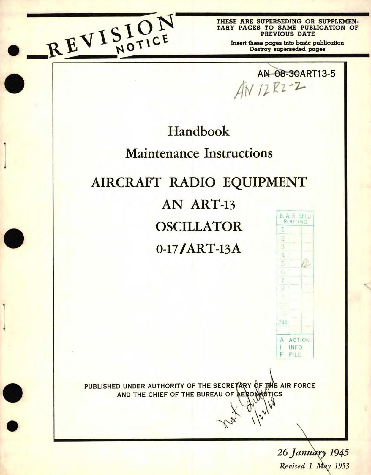 Sample page 1 from AirCorps Library document: Maintenance Instructions for Aircraft Radio Equipment AN/ART - 13 Oscillator 0-17 ART-13 A