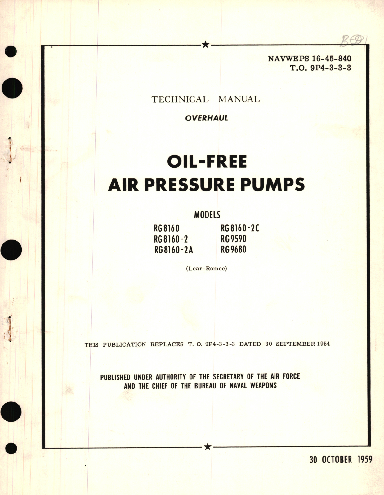 Sample page 1 from AirCorps Library document: Overhaul for Oil-Free Air Pressure Pumps Models RG8160, RG8160-2, RG8160-2A, RG8160-2C, RG9590, RG9680