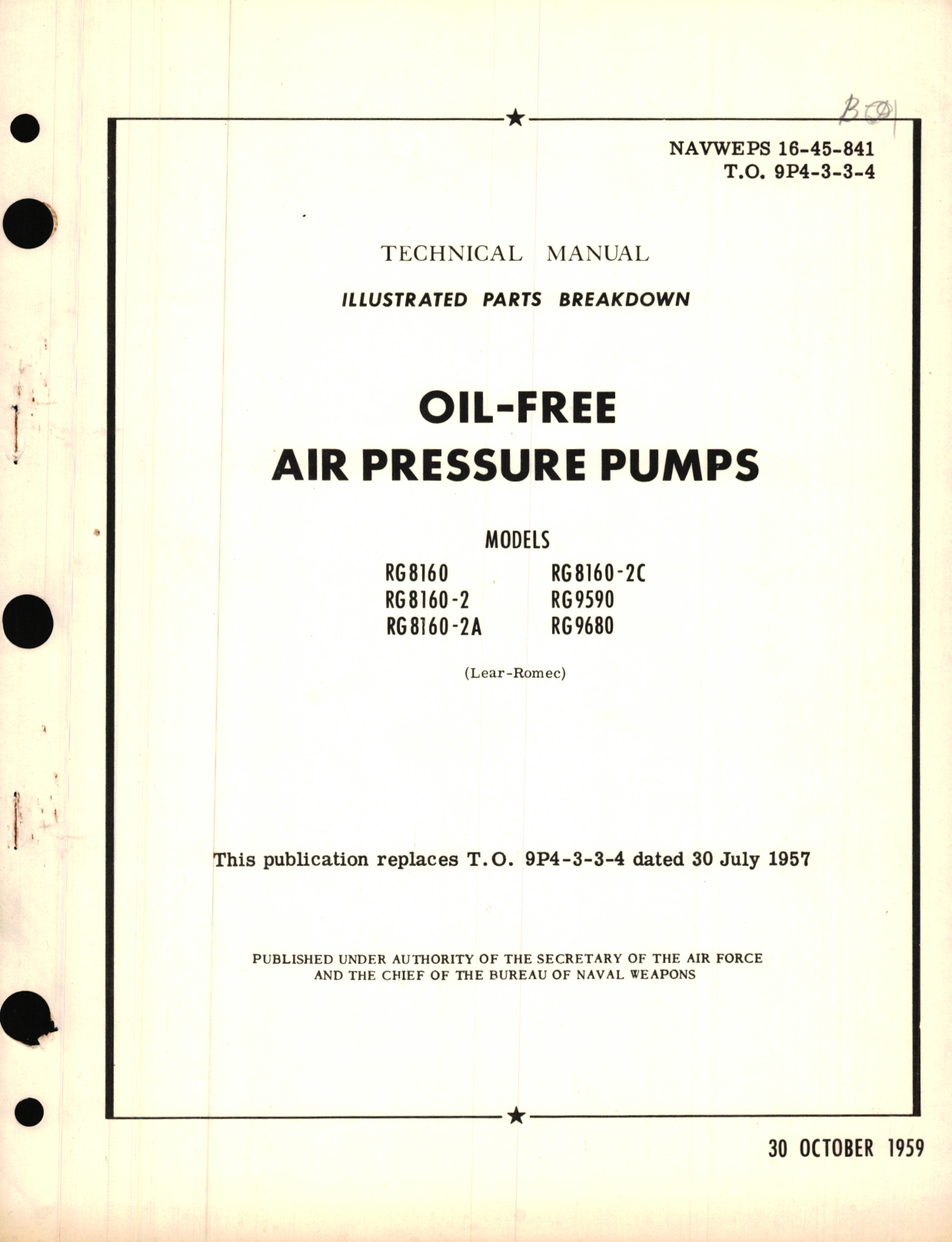 Sample page 1 from AirCorps Library document: Illustrated Parts Breakdown for Oil-Free Air Pressure Pumps Models RG 8160, RG8160-2, RG8160-2A, RG8160-2C, RG9590, RG9680